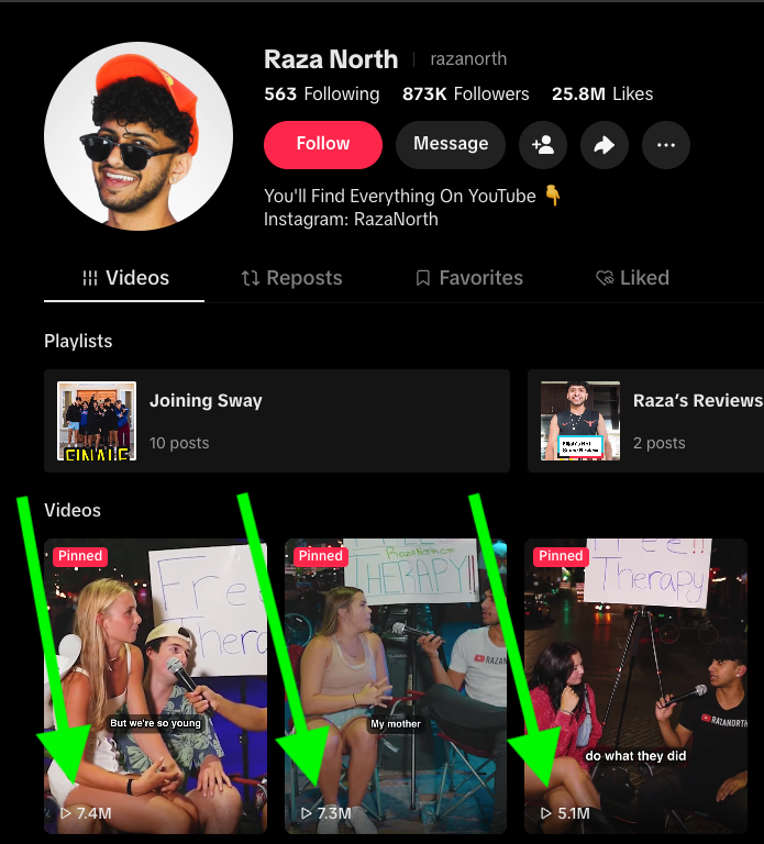 Raza's current profile and three high-view-count videos highlighted with green arrows