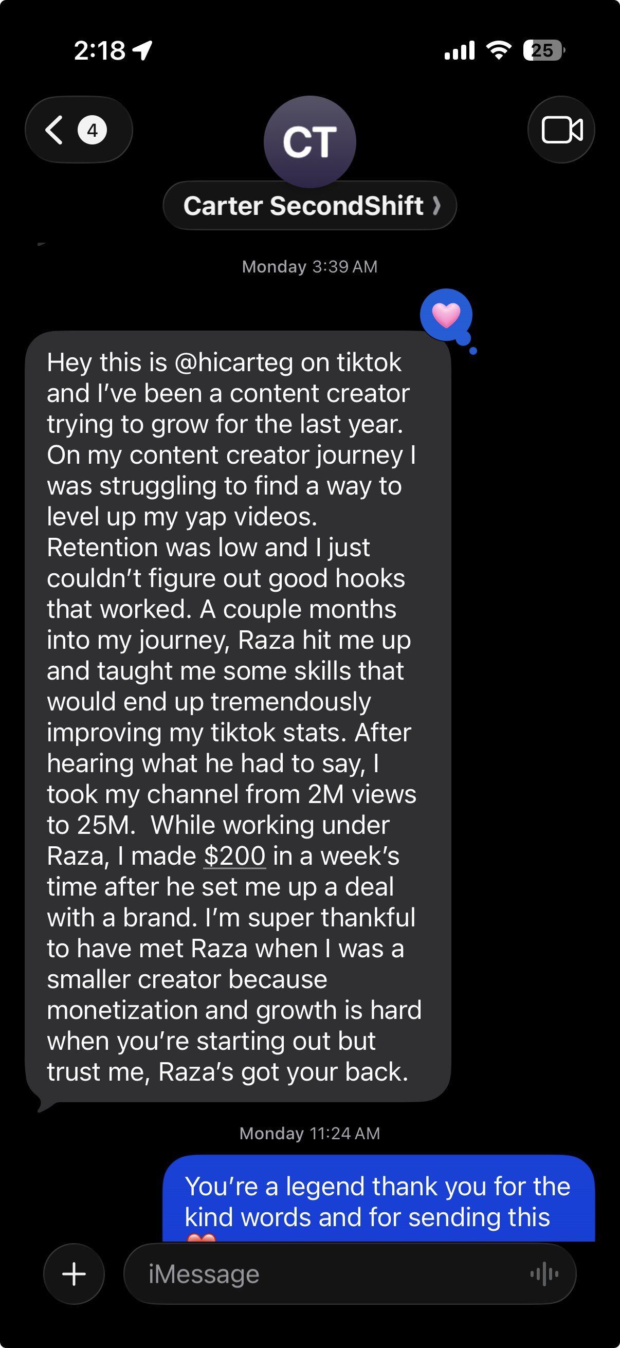 Original iMessage conversation from Carter