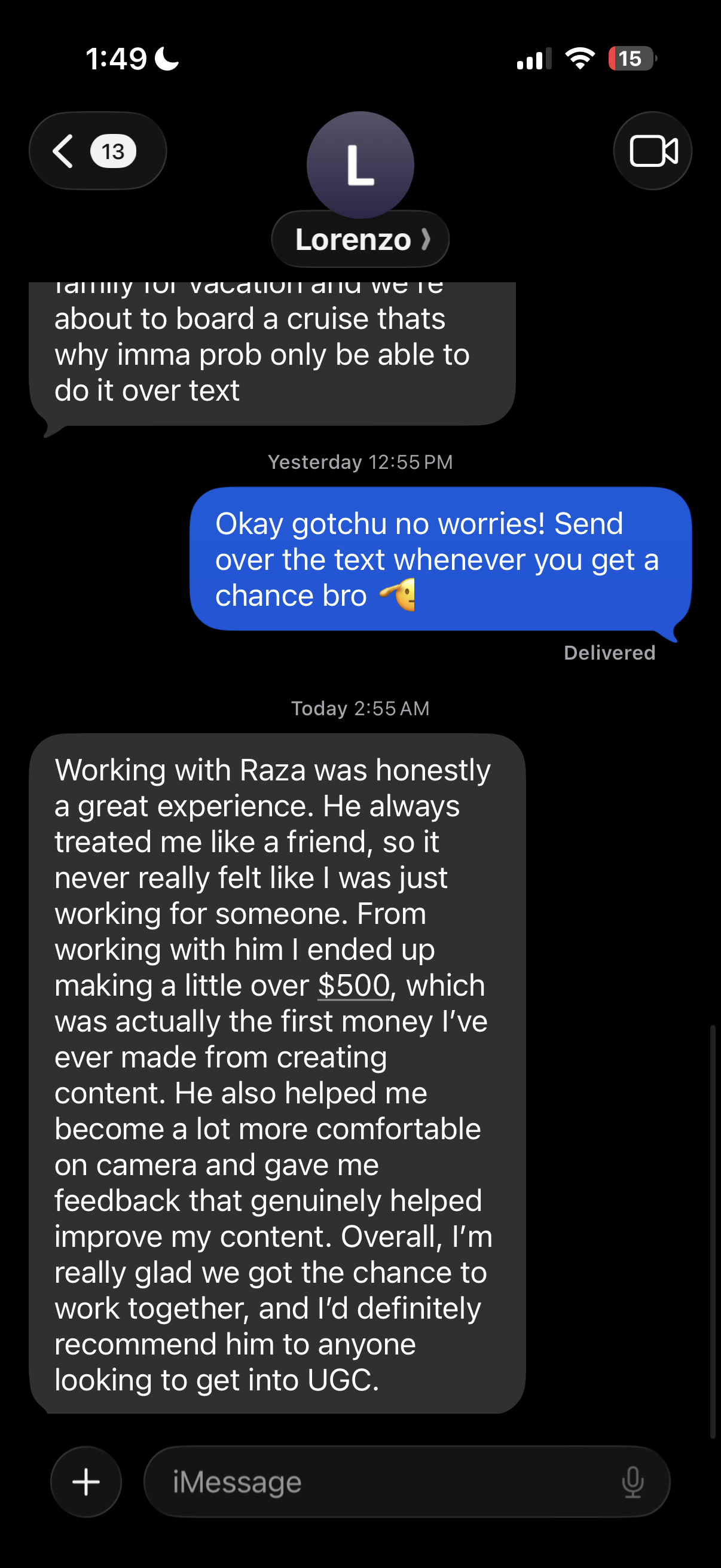 Original iMessage conversation from Lorenzo